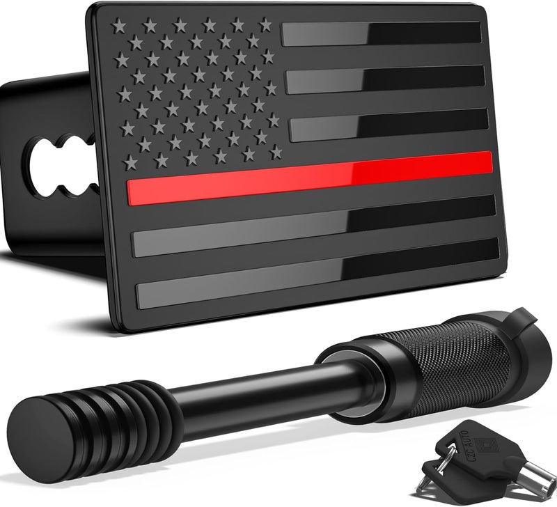 OGYE 2 Inch Trailer Hitch Cover with American Flag, Heavy Metal Trailer Hitch Cover Fit for 2 Inch Hitch Receivers (with 5/8" Pin Dia Anti-Theft Trailer Hitch Lock),3 * 5" Black&Thin Red Line - Image 1